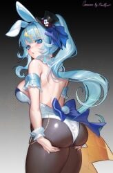 absurdres animal_ears ass blonde_hair blue_bow blue_eyes blue_hair bow breasts chains commission commissioner_name female gold_chain hat hat_bow highres kaminari_clara long_hair looking_back mae_algae median_furrow mini_hat mini_top_hat multicolored_hair pantyhose phase_connect playboy_bunny rabbit_ears rabbit_tail second-party_source shadow signature solo streaked_hair sweat tail top_hat virtual_youtuber white_wrist_cuffs wrist_cuffs