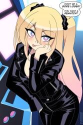 black_jacket black_jeans blonde_hair blue_eyes cleavage dialogue dyed_hair fangs heart-shaped_pupils jacket jeans leather_clothing leather_jacket leather_pants multicolored_eyes nicolasgravelqc original original_character pink_eyes pink_hair tapioca_(nicolasgravelqc) twintails