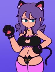 1female 1girls angry bell bell_collar blinking blue_eyes cat_bra cat_ear_panties cat_ears cat_girl_outfit cat_gloves cat_outfit cat_panties cat_tail clothes clothing collar english_text female female_focus female_only irritated kate_(spunow) purple_hair spunow_ tagme text thick_thighs thigh_highs thighhighs thighs video