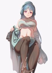 absurdres bangs bare_shoulders blue_hair breasts crop_top cum cum_on_body cum_on_clothes cum_on_lower_body earmuffs eyebrows_visible_through_hair female from_below halter_top halterneck highres jin_rou long_hair maplestory medium_breasts midriff pantyhose parted_lips purple_eyes senya_angler solo wide_sleeves