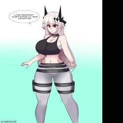 alphaerasure animated arknights ass_expansion bandages big_breasts black_tanktop blush breast_expansion crown hourglass_expansion hyper_growth jeans long_ears long_hair mudrock_(arknights) red_eyes straps thick_thighs torn_clothes white_hair white_jeans white_legwear