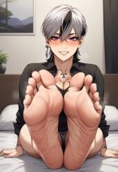 ai_generated barefoot dakeda_kaneshiro feet feet_focus female foot_fetish purple_eyes tattoo tomboy wind_breaker