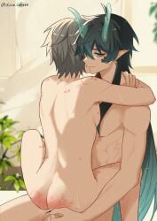 2boys alicia_leeeee bite_mark caelus_(honkai:_star_rail) dan_heng dan_heng_(imbibitor_lunae) dragon_horns groping_ass hickey hickey_marks honkai:_star_rail honkai_(series) implied_penetration looking_at_viewer male/male male_only slap_mark smirk yaoi