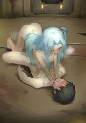 1boy 1girl angela_(lobotomy_corporation) black_hair blue_hair blush choking faceless_male female glowing_eyes gritted_teeth hidden_eyes horny_female lobotomy_corporation nad naked_female naked_male on_the_floor project_moon sweat sweating x_(lobotomy_corporation) yellow_eyes