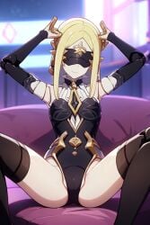 ai_generated blindfold blonde_hair hands_behind_head herrscher_of_dominance honkai_(series) honkai_impact_3rd joints leotard puppet small_breasts spread_legs thick_thighs