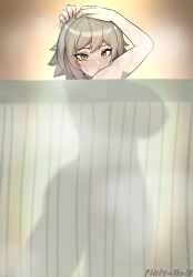 1girls arms_up ass breasts caesar_king censored curtains highres large_ass large_breasts looking_at_viewer shower silhouette steam turning_head washing_hair wet_body zenless_zone_zero