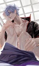 2boys gay gintama gintoki_sakata hijikata_toshiro imminent_sex kihn_gm leg_up looking_at_viewer male male_only male_pov muscular muscular_male on_back open_shirt popped_collar pov scars silver_hair smile smirk solo_focus sweat veiny_muscles white_hair yaoi