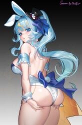 absurdres animal_ears ass blonde_hair blue_bow blue_eyes blue_hair bow breasts chains commission commissioner_name female gold_chain grabbing_own_ass hat hat_bow highres kaminari_clara long_hair looking_back mae_algae median_furrow mini_hat mini_top_hat multicolored_hair phase_connect playboy_bunny rabbit_ears rabbit_tail second-party_source shadow signature solo streaked_hair sweat tail top_hat virtual_youtuber white_wrist_cuffs wrist_cuffs