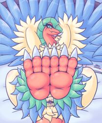 1girls 2020 3_toes absurd_res animal_genitalia anthro anthrofied archeops ass avian barefoot bed bedroom bedroom_eyes big_feet blue_body blue_feathers blush bodily_fluids book claws cloaca curvy_figure digital_media_(artwork) dinosaur eyelashes feathered_wings feathers feet female feral first_person_view foot_focus foreshortening front_view furniture green_body green_eyes green_feathers half-closed_eyes hi_res inside looking_at_viewer lying nintendo on_back on_bed patohoro pokémon_(species) pokemon red_body red_feathers seductive signature slit_pupils smile solo spread_legs spreading thick_thighs toe_claws toes video_games wide_hips wings yellow_body yellow_feathers