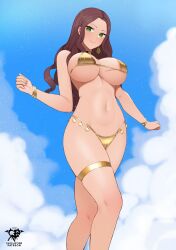 1girls alternate_costume artist_logo bikini blue_sky breasts brown_hair choker clenched_hands closed_mouth cloud commentary day dorothea_arnault earrings female female_only fire_emblem fire_emblem:_three_houses gold_bikini gold_bracelet gold_thighlet green_eyes highres jewelry kaos_art large_breasts long_hair looking_at_viewer multiple_bracelets navel nintendo outdoors skindentation sky smile solo stomach swimsuit thighlet thighs underboob