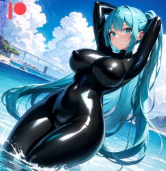 1girls ai_generated black_bodysuit black_clothing black_latex black_rubber boat bodysuit breasts clothing diagonal_angle eyes female hair kuriboh_ex_(artist) latex latex_clothing latex_suit open_eyes oppai png rubber rubber_clothing rubber_suit solo turquoise_eyes turquoise_hair water