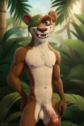 20th_century_fox 20th_century_studios ai_generated bardel_entertainment big_penis blue_eyes brown_fur buck_(ice_age) casual_nudity disney disney+ erect_penis erection eye_patch furry green_background grin hand_on_hip ice_age_(series) jungle looking_at_viewer male male_focus male_only muscular muscular_male mustelid naked naked_male slim_male smile smiling_at_viewer tan_fur teeth teeth_showing the_ice_age_adventures_of_buck_wild weasel