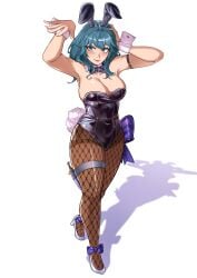 1girls absurdres alternate_costume animal_ears arm_strap arms_up bare_shoulders black_hairband black_leotard blue_eyes blue_hair breasts brown_pantyhose bunny_ears bunny_girl bunnysuit byleth_(female)_(fire_emblem) byleth_(fire_emblem) byleth_(fire_emblem)_(female) cleavage commentary dagger deliciousbra deliciousbrain eyelashes fake_animal_ears female female female_only fire_emblem fire_emblem:_three_houses fishnet_pantyhose fishnets grey_footwear hairband high_heels highres knife large_breasts leotard long_hair looking_at_viewer nintendo pantyhose playboy_bunny rabbit_ears red_lips sheath sheathed simple_background smile solo strapless strapless_leotard thigh_strap weapon white_background wrist_cuffs