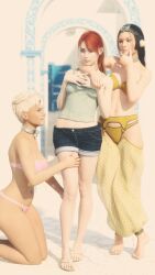 3d 3girls bikini black_hair blonde_hair denim_shorts harem_girl harem_outfit multiple_girls original pink_bikini red_hair shorts swimsuit ultimate-clash