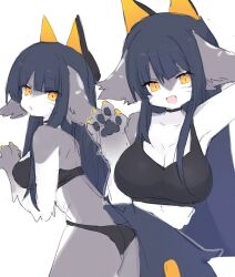 big_breasts blue_hair blush blush_lines breasts claws cute cute_fangs female female_only furry furry_only grey_body grey_fur japanese_text long_hair navel open_mouth orange_eyes panties pawpads sparkles spommmm white_fur wholesome