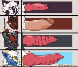 animated anthro bodily_fluids canid canine canis cum cumshot digital_media_(artwork) domestic_dog dragon ejaculation genital_fluids genitals gif group lineup male male_only mammal penis penis_lineup pixel_art slux