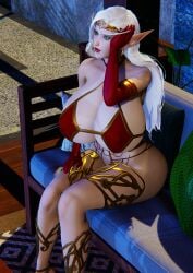 1girls ass bikini blood_elf elf elf_ears female gloves green_eyes heels high_heels honey_select_2 huge_ass huge_breasts idle_cog jess_dayreaver jewelry large_breasts pale_skin silver_hair sitting slutty_outfit tiara world_of_warcraft