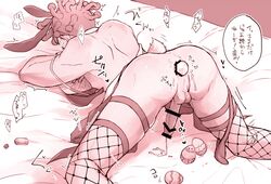 anal anal_insertion bunny_ears bunny_tail bunnysuit cioccolata cum cum_drip cum_string egg fishnet fishnet_legwear fishnet_thighhighs fishnets jojo's_bizarre_adventure kneehighs kneeling on_bed precum solo_male vento_aureo