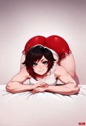 1girls ai_generated bending_forward big_ass female female_only gym_uniform human jlullaby_(style) looking_at_viewer red_shorts ruby_rose rwby solo sports_shorts stable_diffusion tank_top thick_thighs top-down_bottom-up wide_hips