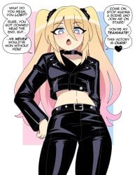 black_jacket black_jeans blonde_hair blue_eyes cleavage dialogue dyed_hair fangs heart-shaped_pupils jacket jeans leather_clothing leather_jacket leather_pants multicolored_eyes nicolasgravelqc original original_character pink_eyes pink_hair tapioca_(nicolasgravelqc) twintails