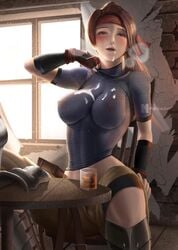 abs armor bar big_breasts blush boots breasts breath brown_eyes brown_hair clothed cum cum_on_body cum_on_breasts cum_on_face cum_on_mouth cum_on_shirt cum_on_upper_body drink drinking edit erect_nipples final_fantasy final_fantasy_vii final_fantasy_vii_remake gloves headband hot_breath indoors inviting jessie_rasberry legs_apart lifting_clothing lips medium_breasts moi-dukdum nipples nipples_visible_through_clothing open_mouth ponytail sheer_clothing shirt showing_off sitting spread_legs tight_clothing visible_breath