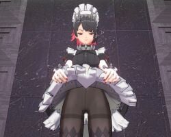 black_hair dress dress_lift ellen_joe female female_focus female_only hair_ornament hoyoverse maid maid_headdress maid_outfit maid_uniform pantyhose red_hair victoria_housekeeping zen_art zenless_zone_zero