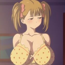 anime anime_screencap averting_eyes bangs bare_shoulders blush bra bra_only brown_hair cleavage daughter eyes_half_closed eyes_half_open female female_focus female_only haha_musume_donburi_oppai_tokumori_bonyuu_shiru_dakude hair_tie half-closed_eyes huge_breasts indoors kaneko_hiraku light_brown_hair looking_away pink_ribbon ribbon ribbon_in_hair room rumi_(haha_musume_donburi) screencap screenshot short_twintails toranoana twintails upper_body yellow_bra