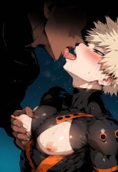 ai_generated aru_(pixiv1293902) blonde_hair blush captured_hero gay grabbing_pecs hero_outfit_(mha) katsuki_bakugou kissing male male/male male_boobs male_focus male_only muscular muscular_male my_hero_academia nipple_play nipple_slip nipple_tweak nipples pecs pecs_grab pectorals red_eyes sucking_nipples superhero superhero_costume tight_clothing touching_pecs yaoi