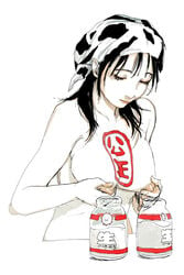 bandana bangs black_hair bottle breasts closed_mouth female highres looking_down milk_bottle nipple_tweak nipples ryuko_azuma short_hair simple_background sketch solo