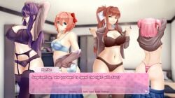 4girls 5_fingers ass back_of_head back_view bare_shoulders behind_view big_breasts blue_eyes blue_skirt boobs bow bra breasts butt cleavage clothes clothing ddlc_background ddlc_text_box doki_doki_literature_club female female_only front_view garter_belt_leggings garter_straps green_eyes hair_bow hairbow human leggings long_hair matching_underwear monika_(doki_doki_literature_club) morbite multiple_girls natsuki_(doki_doki_literature_club) navel panties pink_hair ponytail purple_hair red_bow red_hair_bow red_hairbow removing_clothing sayori_(doki_doki_literature_club) skirt strawberry_blonde_hair stripping take_your_pick thigh_highs thighhighs thighs tits yuri_(doki_doki_literature_club)