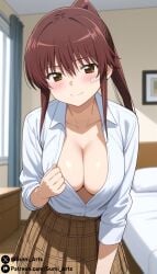 ai_generated bandaid bandaid_on_face bed bedroom blush bottomless breasts brown_eyes brown_hair cleavage gumi_arts kissxsis large_breasts long_hair looking_at_viewer open_shirt ponytail shirt shirt_lift sidelocks skirt smile stable_diffusion suminoe_riko thick_thighs