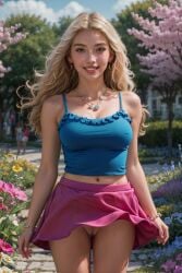 ai_generated blonde_hair female haley_(stardew_valley) jsmithaguy outdoors pussy skirt_lift smile stardew_valley tank_top vagina