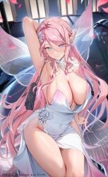 bare_shoulders blue_eyes blush breasts butterfly_wings cleavage cocktail_dress dress elf female_only houkisei large_breasts long_hair looking_at_viewer no_panties original pelvic_curtain pink_hair sleeveless solo