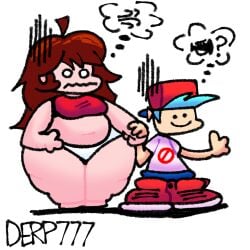 1boy 1girls auburn_hair belly blue_hair blue_pants boyfriend_(friday_night_funkin) cap chubby derp777 embarrassed fat friday_night_funkin girlfriend_(friday_night_funkin) holding_hands no_shoes obese panties red_dress red_shoes smiling thunder_thighs trumpet trying_to_hold white_panties white_shirt