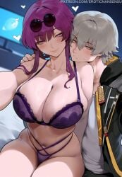 1boy 1girls 2d ai_assisted ai_generated artist_name bangs bedroom bedroom_eyes big_breasts blush caelus_(honkai:_star_rail) closed_mouth clothed_male color curvy erotic_nansensu eyewear_on_head grey_hair half-closed_eyes hand_on_another's_shoulder heart honkai:_star_rail huge_breasts imminent_sex indoors jacket kafka_(honkai:_star_rail) lingerie looking_at_viewer overflowing_breasts panties patreon_username pince-nez purple_eyes purple_hair seductive seductive_smile selfie side_by_side sidelocks sunglasses_on_head taking_picture underwear yellow_eyes