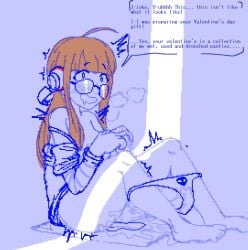 bodily_fluids caught caught_masturbating crossman english_text glasses headphones holidays interuption long_hair motion_lines orange_hair panties panties_around_legs persona persona_5 persona_5_royal pussy_juice sakura_futaba stuttering text vaginal_juices valentine's_day valentines_day wet_pussy