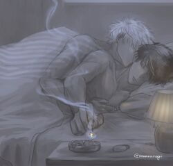 after_sex bedroom cigarette embrace from_behind gay gintama gintoki_sakata hijikata_toshiro in_bed indoors intimate male male_only monochrome muscular muscular_male on_bed on_side sawaranogi smoke smoking spooning topless topless_male wholesome yaoi