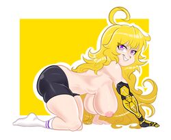 1girls big_ass big_breasts bike_shorts blonde_hair cute drillslewds female female_only knee_socks kneehighs kneesocks long_hair nipples purple_eyes rwby socks solo solo_female solo_focus striped_socks thick_thighs white_socks yang_xiao_long