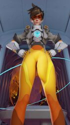 1futa 3d brown_eyes brown_hair bulge bulge_through_clothing bulge_under_clothes clothed ebinpasta freckles futa_only futanari glare hidden lena_oxton overwatch overwatch_2 pov_feet self_upload solo tracer visor