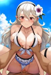 ai_generated alternate_costume breast_grab breasts censored corrin_(fire_emblem) corrin_(fire_emblem)_(female) corrin_(summer)_(fire_emblem)_(female) cowgirl_position fire_emblem fire_emblem_fates fire_emblem_heroes flower_in_hair large_breasts long_hair looking_at_viewer male_pov nintendo official_alternate_costume pointy_ears pov pyo red_eyes swimsuit vaginal_penetration white_hair