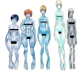 5girls abs alien_girl black_hair blank_eyes blonde_hair blue_skin censored female female_only grey_skin heresy medium_breasts multiple_girls muscular_female nude red_hair small_breasts tall tau warhammer_(franchise) warhammer_40k wide_hips