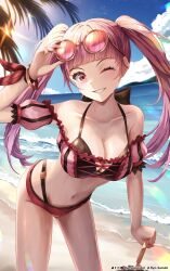 1girls absurdres alternate_costume artist_name bare_thighs beach bikini blunt_bangs breasts cleavage collarbone eyewear_on_head female female_only fire_emblem fire_emblem:_three_houses fire_emblem_heroes grin highres hilda_valentine_goneril hilda_valentine_goneril_(summer) holding holding_umbrella large_breasts long_hair navel nintendo official_alternate_costume one_eye_closed palm_leaf palm_tree parasol pink_bikini pink_eyes pink_hair pink_swimsuit ryo-suzuki sky smile solo sunglasses swimsuit thighs tree twintails twitter_username umbrella very_long_hair wink winking_at_viewer