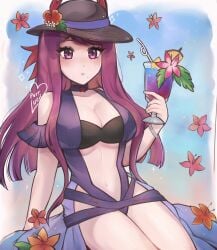 1girls alternate_costume bandeau bare_shoulders black_hat breasts casual_one-piece_swimsuit cleavage commentary cup drinking_glass female female female_only fire_emblem fire_emblem_engage fire_emblem_heroes flower hat highres holding holding_cup ivy_(fire_emblem) ivy_(summer)_(fire_emblem) large_breasts long_hair looking_at_viewer navel nintendo official_alternate_costume one-piece_swimsuit parted_lips pink_flower purple_eyes purple_hair purple_one-piece_swimsuit purple_swimsuit purrlucii revision solo stomach swimsuit thighs very_long_hair