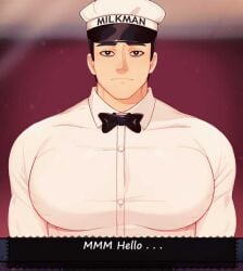 1boy bara bara_tiddies bara_tits big_breasts big_pecs black_bowtie black_hair bowtie busty clothed clothing francis_mosses hat huge_breasts huge_pecs huge_pectorals human human_only light-skinned_male light_skin looking_at_viewer male male_chest male_focus male_only manboobs milkman moobs muscular muscular_male pecs pectoral_bulge pectorals ranbitan solo solo_focus solo_male standing text text_box that's_not_my_neighbor tight_clothing tight_shirt white_hat white_shirt