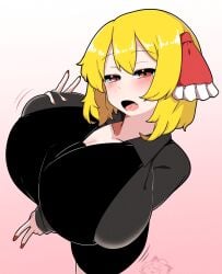 1girls big_breasts blonde_hair blush blush_lines breasts clothed_female huge_breasts light-skinned_female oerba_yun_fang open_mouth pink_background red_eyes red_nails rinyamame rumia solo solo_female touhou