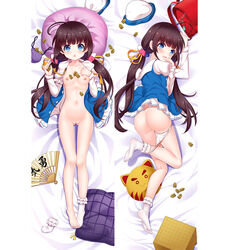 ass bag blue_eyes brown_hair clothing dakimakura dress erspace flat_chest hat hat_removed headwear_removed hinatsuru_ai long_hair navel nipples open_clothes open_dress panties panties_removed pussy ryuuou_no_oshigoto! shougi shougi_piece single_sock socks twintails underwear white_panties