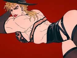 ambush_(trap) blonde_hair crossdressing dio_brando elbow_gloves eyelashes gloves hat jojo's_bizarre_adventure lin00240506 lipstick male male_only muscles muscular_male red_lipstick solo stardust_crusaders yellow_eyes