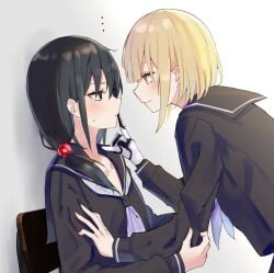 2girls female/female female_only female_with_female girls girls_only imminent_kiss lesbian lesbian_action lesbian_kiss only_female tease teasing touching touching_breast touching_hair yuri