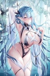 bare_shoulders bikini blue_hair blush breasts cleavage elf female_only highres jewelry large_breasts long_hair looking_at_viewer navel original pointy_ears purple_eyes shawl sora_72-iro standing swimsuit water waterfall wet