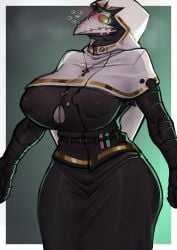 2d 2d_(artwork) big_breasts black_dress black_hair boob_window boobs child_bearing_hips cross_necklace dnd dnd_character female female_focus female_only green_background hood huge_breasts nipple_bulge nipples_visible_through_clothing omega56 plague_doctor plague_doctor_mask sole_female solo solo_focus thick_thighs white_hood wide_hips